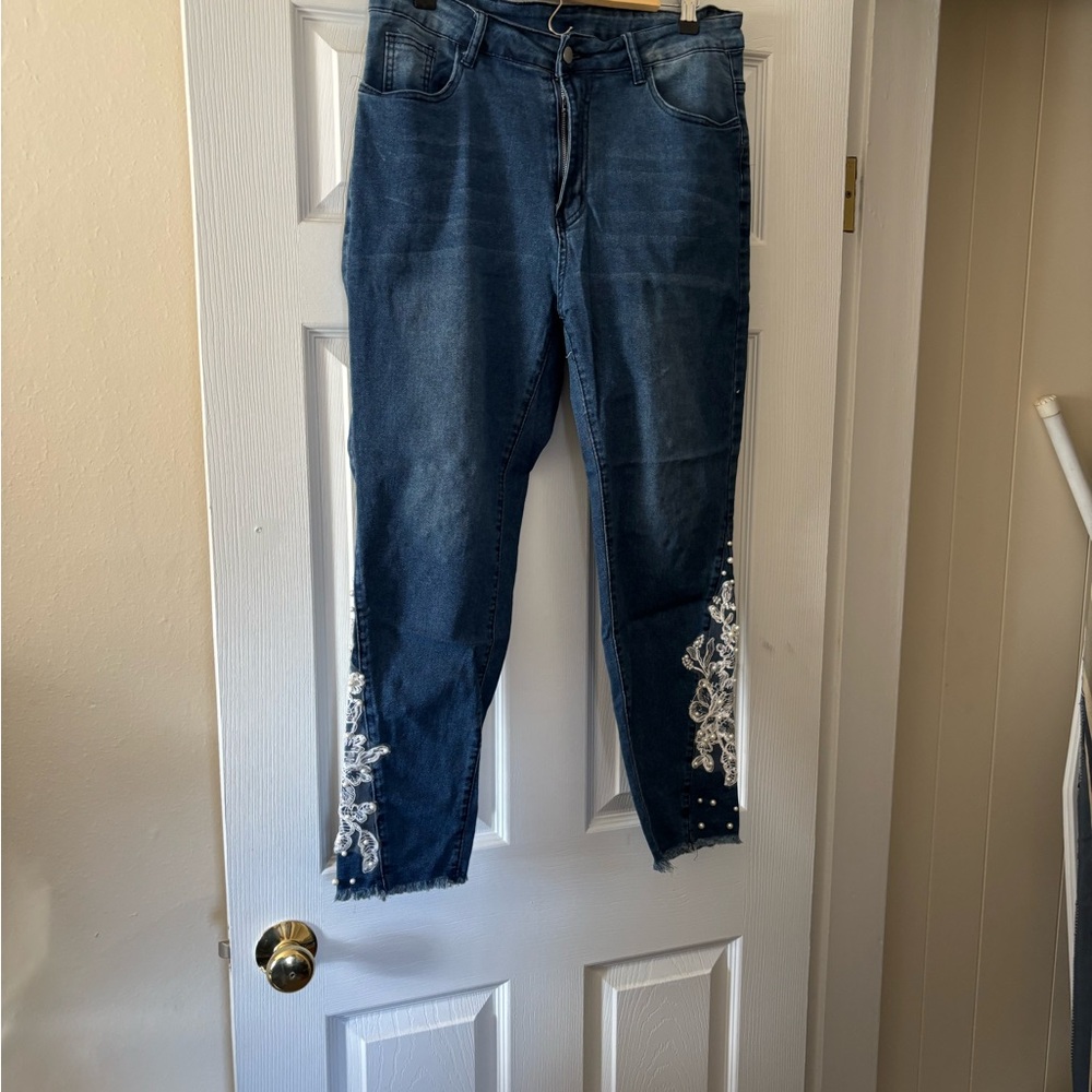 Women's Blue Jeans with Lace & Pearl Detailing